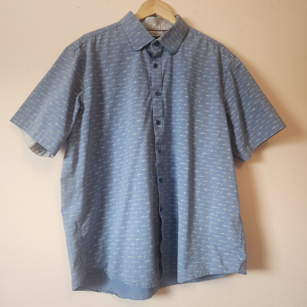 Daniel Hechter Paris Linen Blend Short Sleeve Shark Print Shirt Blue XXL